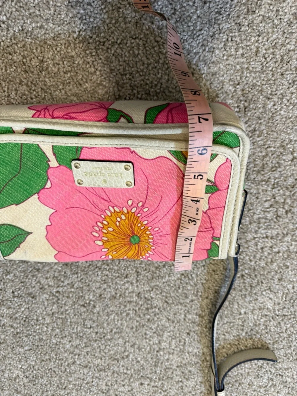 Kate Spade Cream Pink Floral Canvas Woven Leather Crossbody‎ Bag Purse Summer